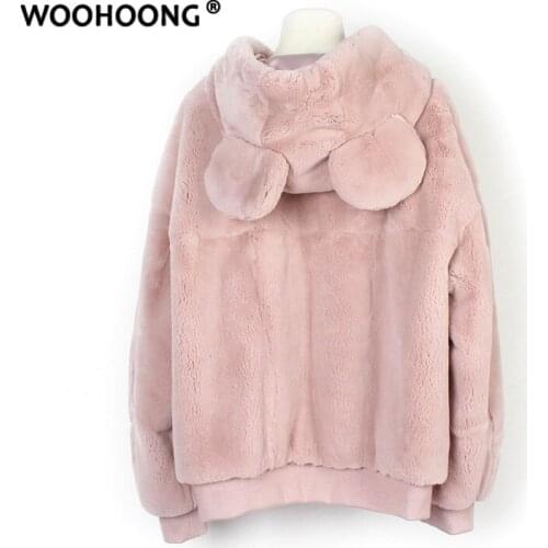 Natural Fur Jacket Mickey Ear Hat Bear Coat Leopard Rex Rabbit Fur Coat Woman Winter Women Coats Cartoon Sweater Korean Streetwe