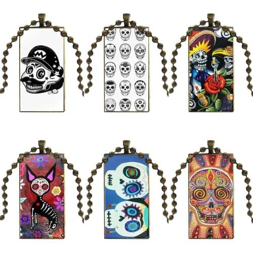 Mexican Sugar Skeleton Skull Vintage Jewelry Bronze Plated With Glass Cabochon Choker Long Pendant Rectangle Necklace For Child