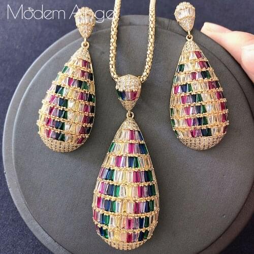 ModemAngel Luxury Water Cubic Zirconia Women Engagement Wedding Bridal Dubai High End Jewelry Set Necklace Earring Jewelry Set