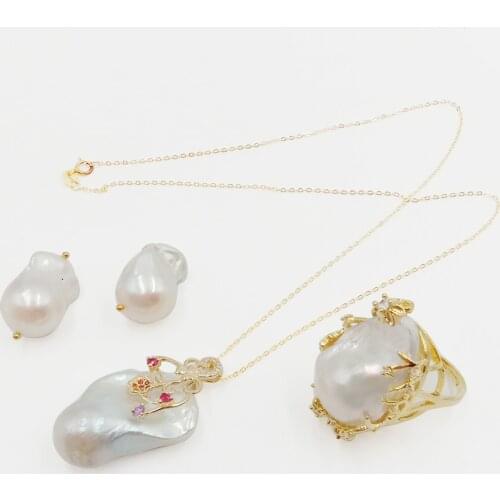 Baroque pearl set ,925 SILVER jewelry set with necklace and earring,ring,100% NATURE FRESHWATER PEARL -good big baroque pearl