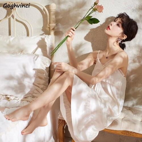 Nightgowns Women Lace V-neck Spaghetti Pure White Trendy Fairy Cozy Daily Summer Loose Preppy Knee-length Design Sexy Homewear