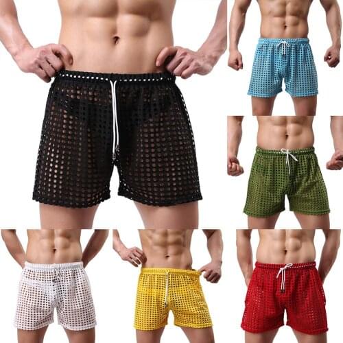 New Mens Drawstring Lounge Fishnet Underwear Hollow Out See-Through Mesh Boxer Shorts Sexy Breathable Underwear Boxers Shorts