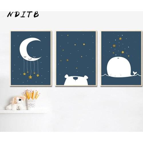 Baby Nursery Canvas Poster Cartoon Whale Moon Wall Art Print Minimalist Painting Decoration Picture Nordic Kid Boy Bedroom Decor