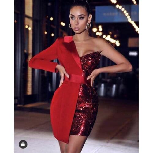 Sexy Women Dress One Shoulder Long Sleeve Sequin Mini Female 3 Color Night Party Dress
