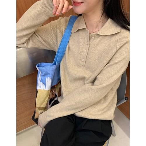 Polo Neck Sweater Women Fall Winter Sweaters Raglan Sleeved Knitted Jumper