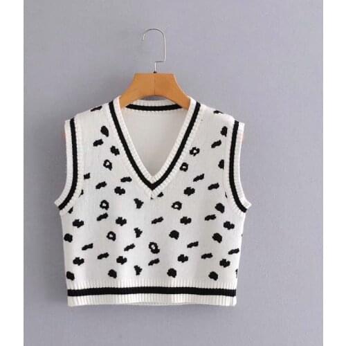 Za 2020 Women Sweaters Vintage Fashion Dot Print V-Neck Short Vest Sweaters Sleeveless Female Elegant Dot Print Knitted Pullover