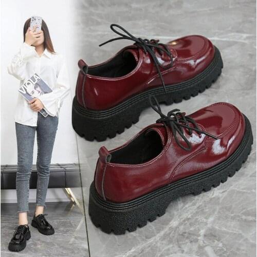 Womens Flat Shoes Retro Solid Color Patent Leather Platform Lace-up Oxford Shoes