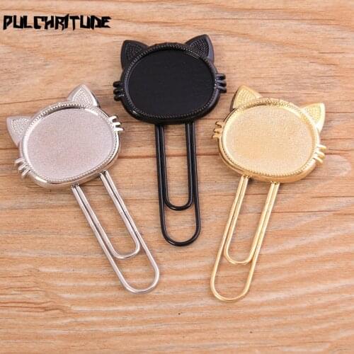 2pcs 18*22mm Inner Size Three Color Paper Clip Cat Cabochon Settings Jewelry Blank Charm Bookmark For Books Stationery Supplies