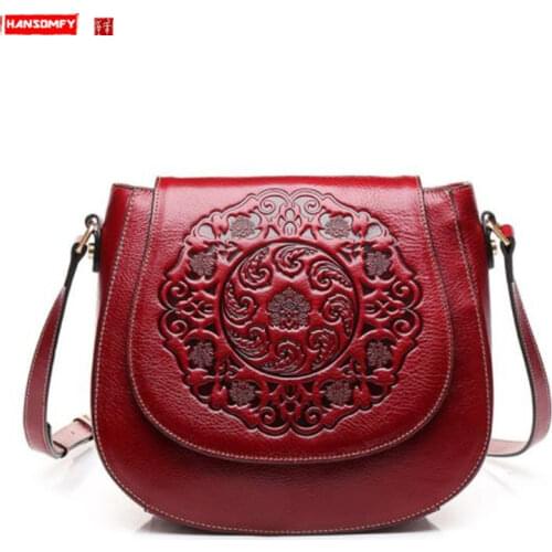 Women Shoulder Bags Diagonal Retro Embossed Saddle Crossbody Bag New Messenger Fashion First Layer Leather Soft Genuine Leather
