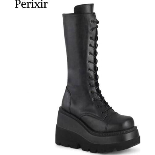 Perixir Design Women Knee High Boots Round Toe Height Increasing Thick Wedges Dark Punk Girl Style Footwear 2021 New Lady Shoes