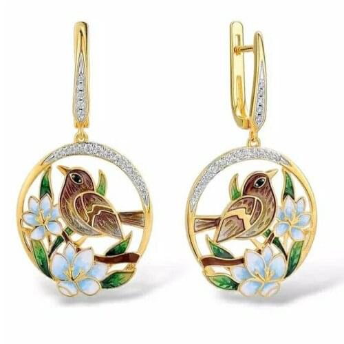 Creative Unique Golden Lovely Bird Flower Leaves Inlaid Crystal Zircon Rhinestone Female Clip Earrings for Women Party Jewelry