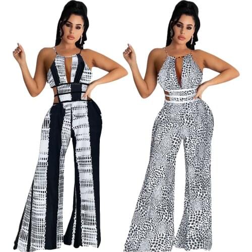 Elegant Streetwear Black White Jumpsuit Women Sexy Halter Hollow Out Backless Bandage Wide Leg Pants Jumpsuit Overalls for Women
