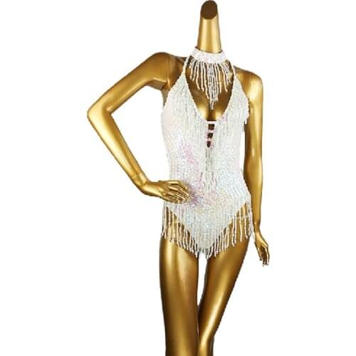 Sexy Women beading Bodysuit Sequin Swimsuit latin Belly Dance Costume Dancer One-Piece Outfit Costume Stage Performance Leotard