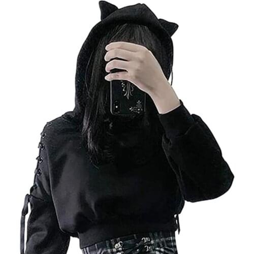 WomenS Printed Sweater Lace Long-Sleeved Short Hooded Ear T-Shirt Black Autumn 2021 New Simple Fashion Casual College Style