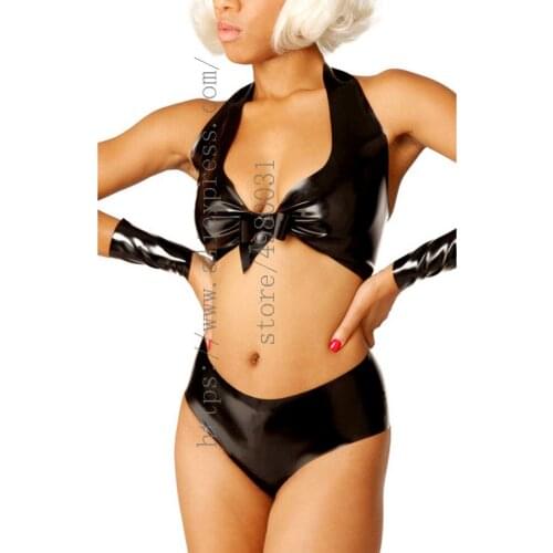 Womens black latex bikini underwear(no wrist guard) includes halter bras & briefs made of 0.4mm natural latex materials