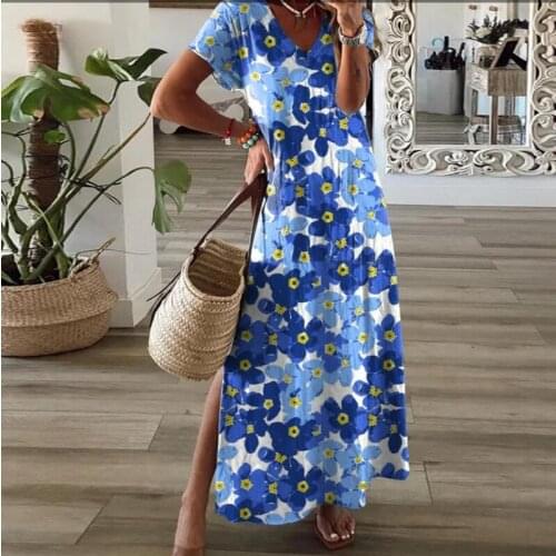 Elegant V-Neck Summer Long Dress Lady Fashion Floral Printed High Split Party Dress Casual Short Sleeve Loose Women Beach Dress