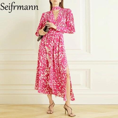 Seifrmann New 2021 Autumn Women Fashion Runway Midi Dress Lantern Sleeve Elastic Waist Floral Print Ladies Split Dress Vestidos