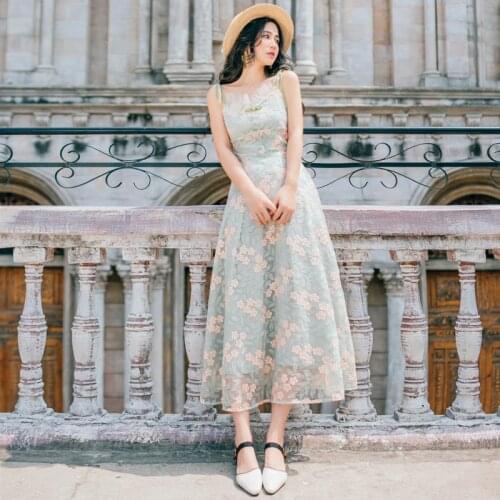 Spaghetti Strap Women Dress 2019 Summer Sleeveless Spaghetti Strap Strapless Print Embroidery Mid Calf Dress Women Party Vestido