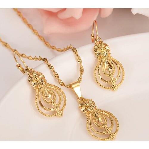 Gold Ethiopian Dubai India Flower jewelry set Jewelry Pendant Chain Earrings African Bride Wedding Flower Bijoux gifts charm
