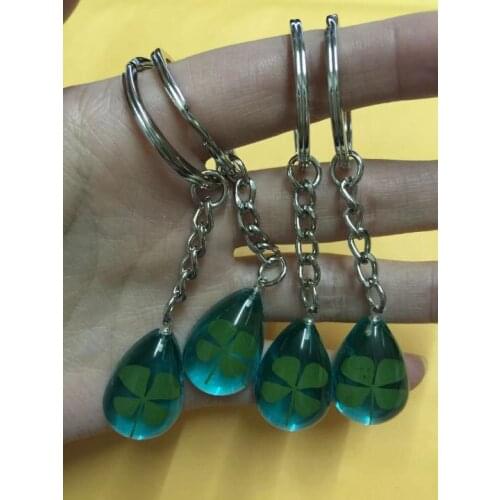 Free Shipping 14 keychain jewelry real shamrock blue drop key ring