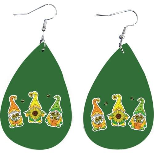 2021 Summer Gnomes and Sunflowers Earrings Faux Leather Teardrop Earrings Bulk Wholeasle Stock