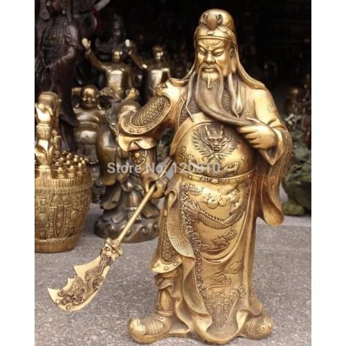 25"Chinese Classical Bronze Copper Lucky Dragon GuanGong Guan Yu Warrior Statue