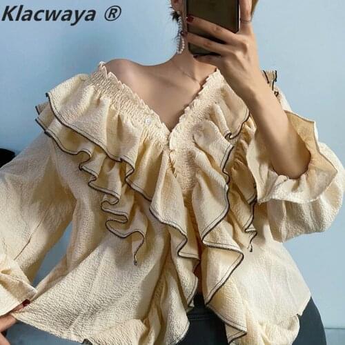 Shirt Blouse Women Long Sleeve Top V Neck One Shoulder Ruffle Chic Blusas Elegante Vintage Chemise Yellow Femme Blusas De Verano