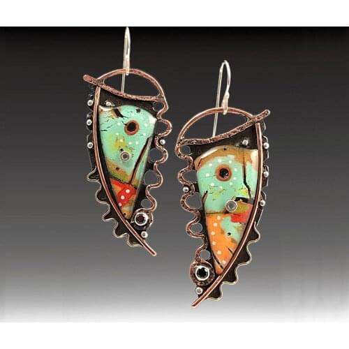 Tribal Triangle Paint Colorful Pattern Stone Earrings Vintage Jewelry Red Bronze Metal Twist Wave Red Crystal Earrings