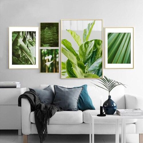 Nordic Tropical Plant Wall Art Print Canvas Painting Fresh Green Leaves Poster and Print White Flower Picture Living Room Decor
