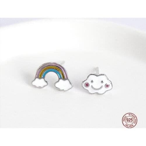 LKO 925 Sterling Silver Fashion Lovely Rainbow Cloud Asymmetric Stud Earrings Cute Drop Glaze Ear Jewelry For Women Girls