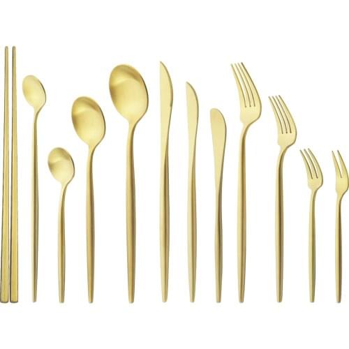 Gold Cutlery Set Knife Fork Spoon Chopsticks Dinnerware Set 18/10 Stainless Steel Dinner Tableware Party Silverware Dropshipping