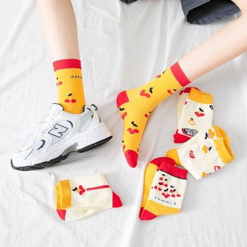 Original Color Stitching Cartoon Print Cute Sock Women Mid-tube Cherry Wild Fashion Korean Style College Style Kawaii Crew Socks
