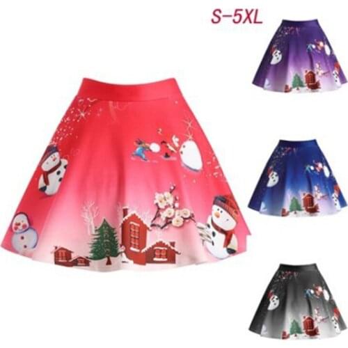 2020 Autumn and Winter New Products Christmas Snowman Print Skirt Womens Mid Skirt High Waist Zipper Pleated Skirt