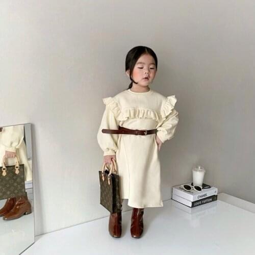 8730 Korean Family Matching Clothes Mother Daughter Dress Autumn 2021 Parent-child Dress Ear Edge Solid Color Girls Hoodie Dress