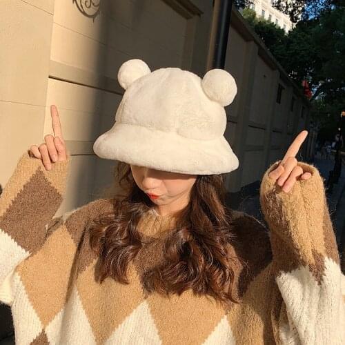 Autumn Winter Kawaii Bear Ear Ball Bucket Hat Women Leopard Solid Faux Fur Plush Soft Warm Thickness Windproof Fisherman Sun Hat