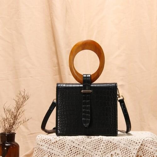 Crossbody Bag for Women Vintage Square Shoulder Bag Handbag PU Leather Crocodile Pattern Messenger with Wood Handle