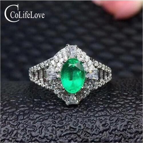 Vintage silver emerald engagement ring for woman 0.6 ct 5 mm * 7 mm real emerald silver ring solid 925 silver emerald jewelry
