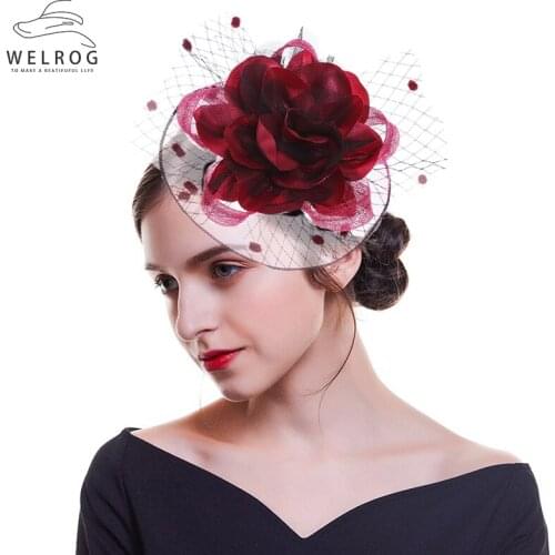 WELROG Solid Fascinators Hat with Clips for Women Hair Accessories Veil Flower Top Cap Hair Clips Hairpins Ladies Cocktail Party