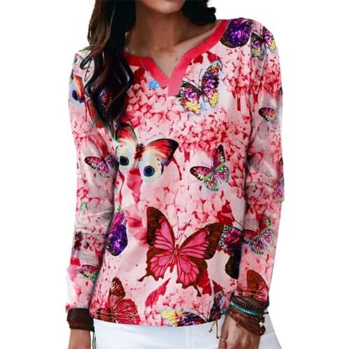 Women T-shirt Positioning Butterflies Print V Neck T-Shirt top Loose Long Sleeve All Match Pullover for Daily Wear Blue xxxl
