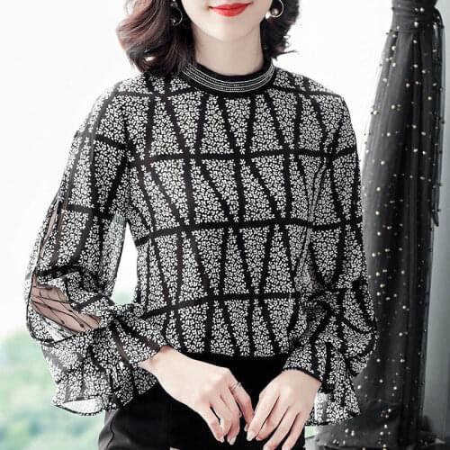 Women Chiffon Print Shirts Stylish Polo-Neck Long Sleeve High-End Casual Blouses Temperament Elegant Loose Blusas Tops MM0828
