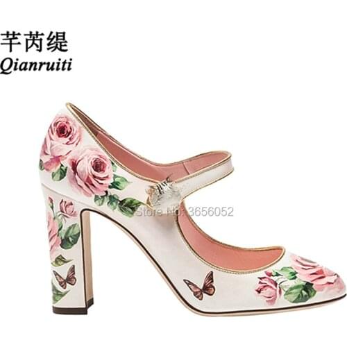 Qianruiti Rose Flower Printed Leather Woman Shoes Round Toe Block High Heels Party Prom Footwear Cute Kitten Buckle Mary Janes