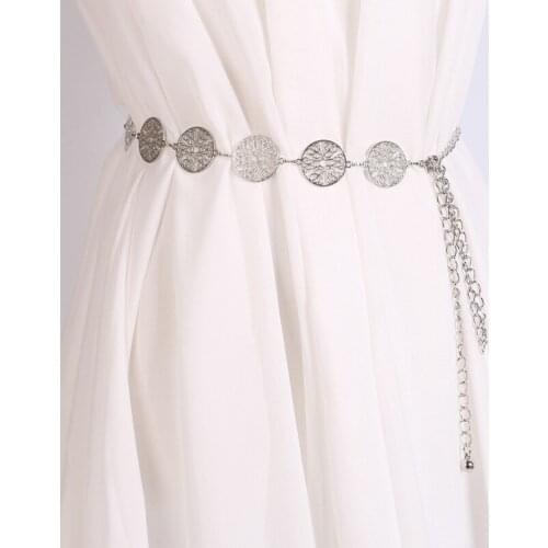 Ladies Fashion Luxury Coin Belts For Women Designer Gold Waist Chain Belt For Woman Dress Gold Silver Style Metal Belt QZ0335