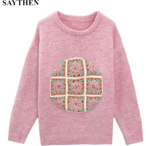 SAYTHEN Design Hand-Embroidered Color Pink Long-Sleeved Sweater Knitted Womens Bottoming Shirt