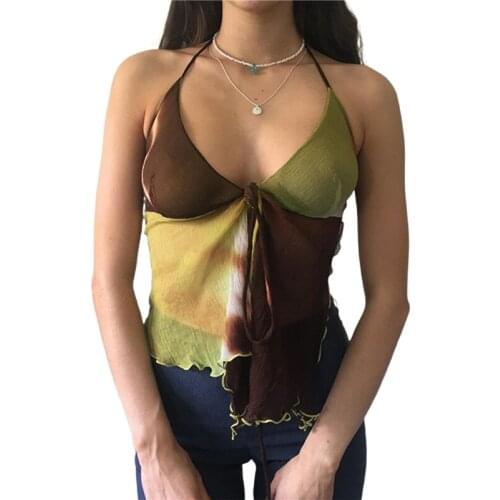Xingqing Women Halter Crop Top Mesh Ruffle Ladies Tops Patchwork Printed Y2k Tank Tops Wrap Bandage Camis Vintage 90S Streetwear
