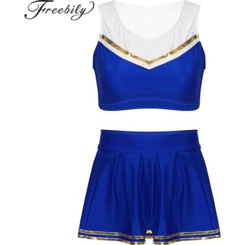 Women Cheerleader Uniform V Neck Sleeveless Vest Crop Top with High Waist Pleated Skirt Stage Performance Jazz Dance Costume Set
