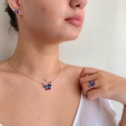 Blue and Pink Butterfly 925 Sterling Silver Necklace Women Girls Gift Jewelry Accessories Fashion Handmade Elegant Chain