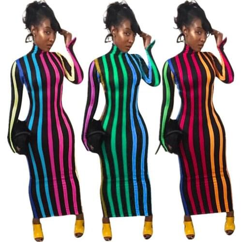 2020 Striped Print Sexy Maxi Dress Women Autumn Winter Turtleneck Fashion Vestidos Night Club Party Long Sleeve Bodycon Dresses