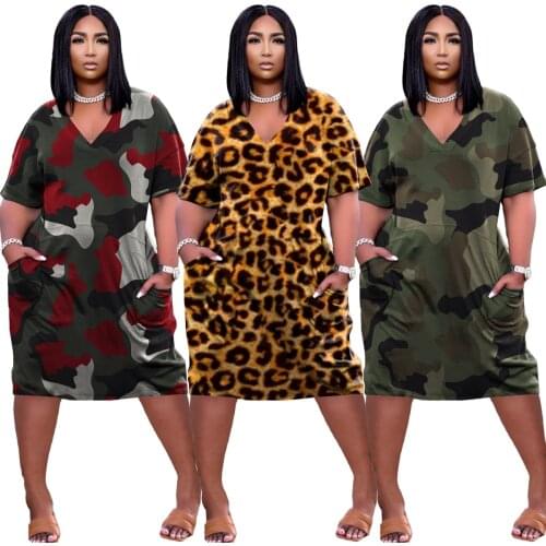 Fashion Womens Clothing Personality Style Sexy Loose Camouflage Pocket Printed V Neck Short Sleevess Casual Straight Dress