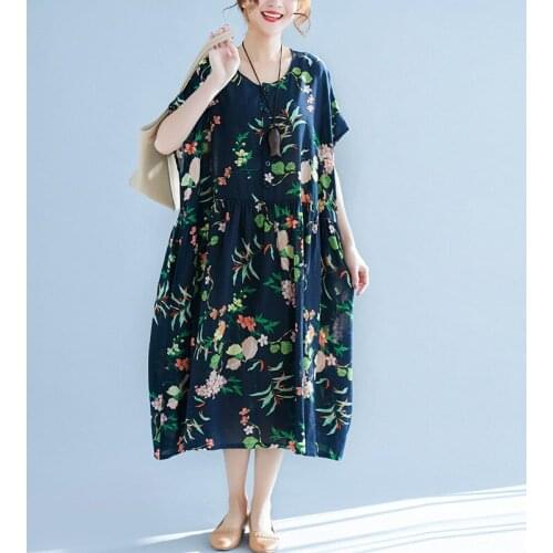 EaseHut Vintage Floral Women Midi Dresses One Piece Round Neck Short Sleeve Casual Cotton Linen Dress 2020 Female Summer Dress