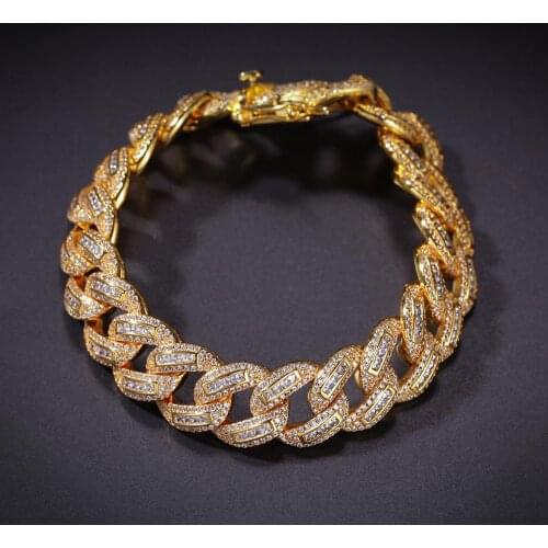 15mm wide Micro Paved Square AAA CZ Stone Bling Iced Out Round Cuban Chain Bracelets for Men Hip Hop Rapper Jewelry Gold Color